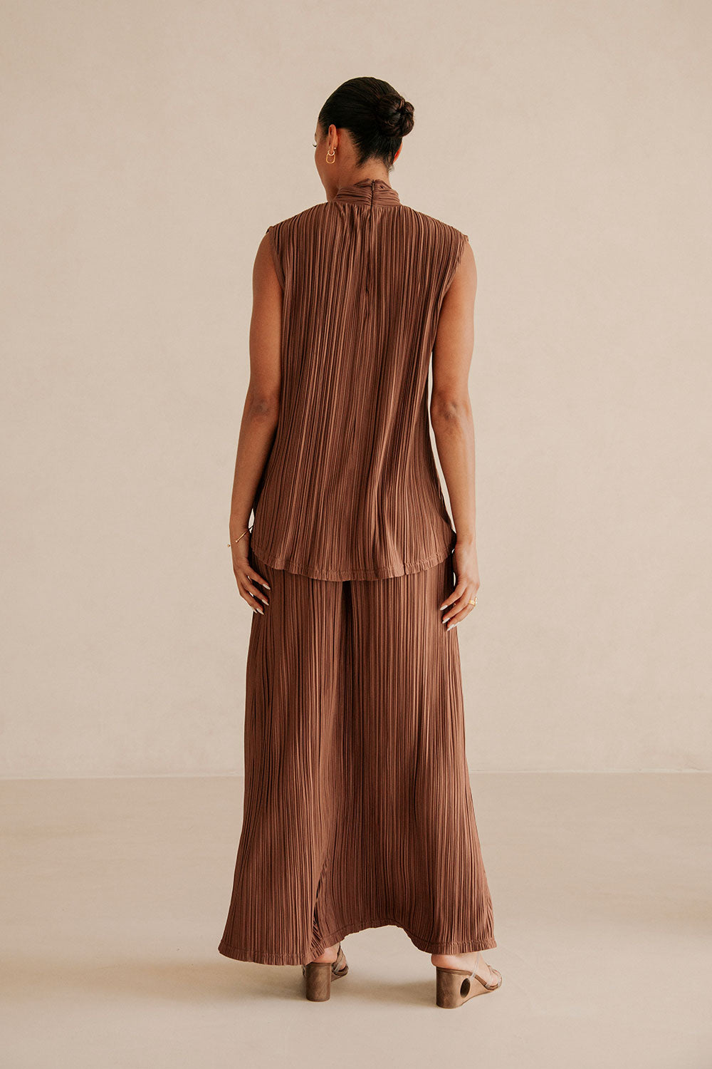 Brown Silky Pleat Drawstring Maxi Catalyna Skirt