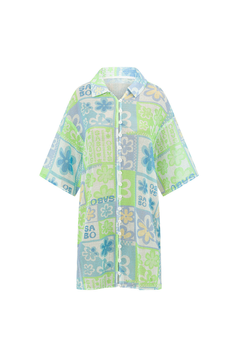 Izzy Short Sleeve Button Up Mini Dress - Verano Floral, Postcard, Blue, Green, White, Yellow