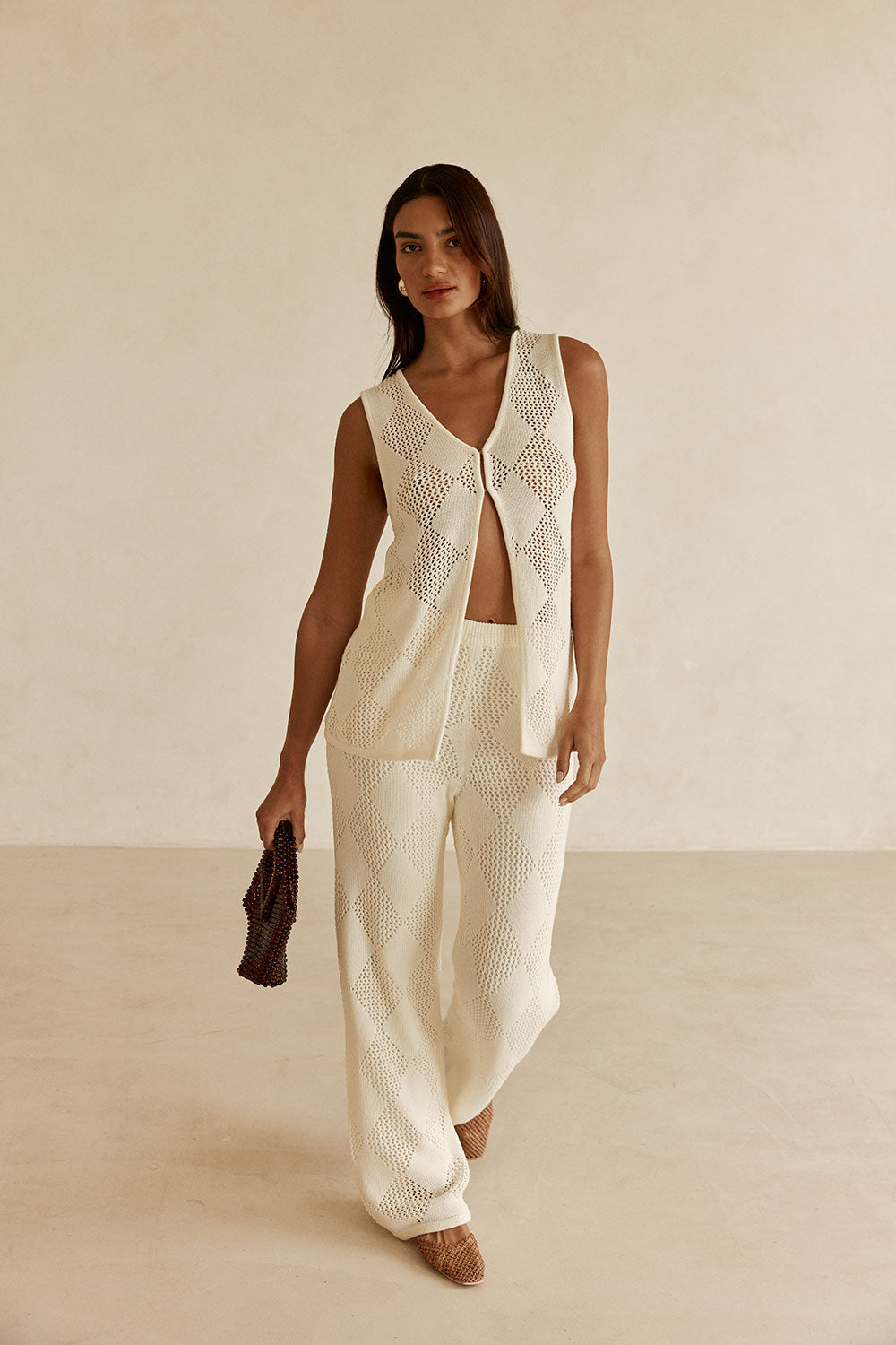 Cream Knit V Neck Blanca Top