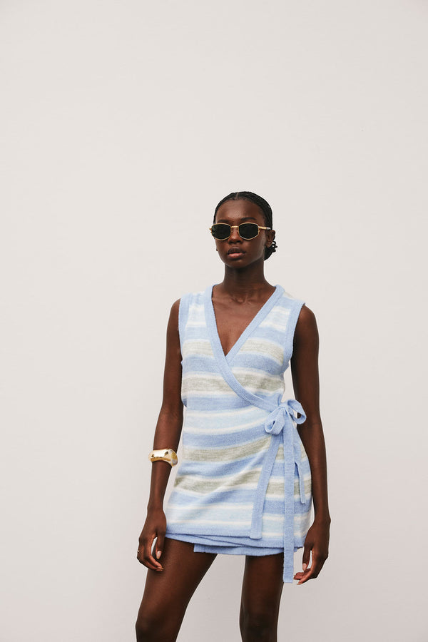 Blue and White Stripe Knit Wrap Nell Top