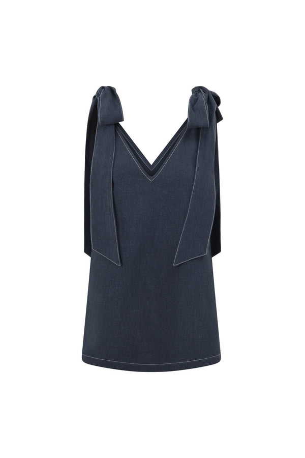 Dark Blue Denim V Neck Shoulder Bow Elixir Top