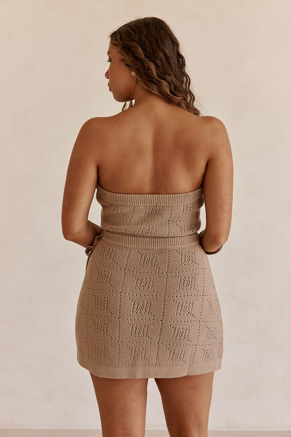 Brown Knit Strapless Mini Beret Dress