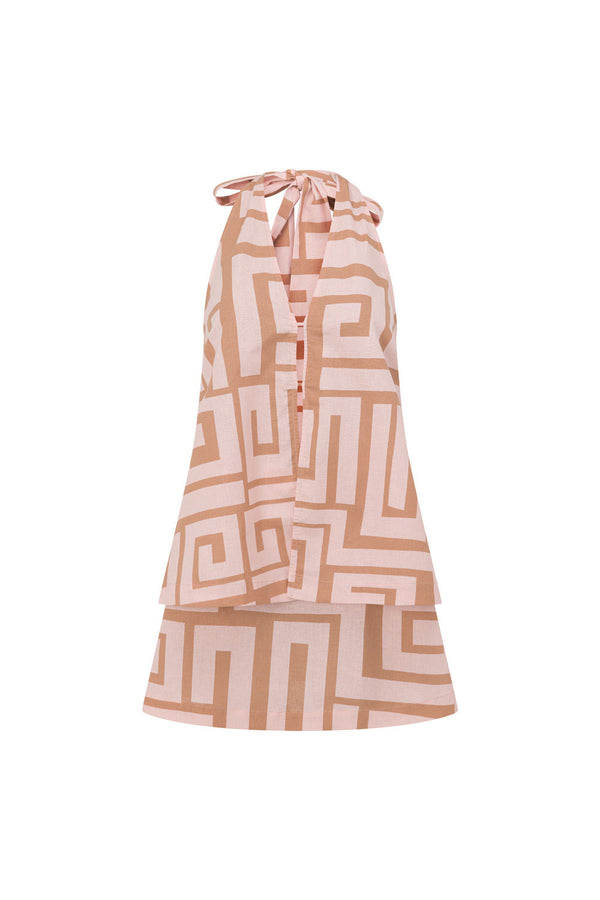 Pink Hellenic Maze Backless V-Neck Halter Mini Alora Dress