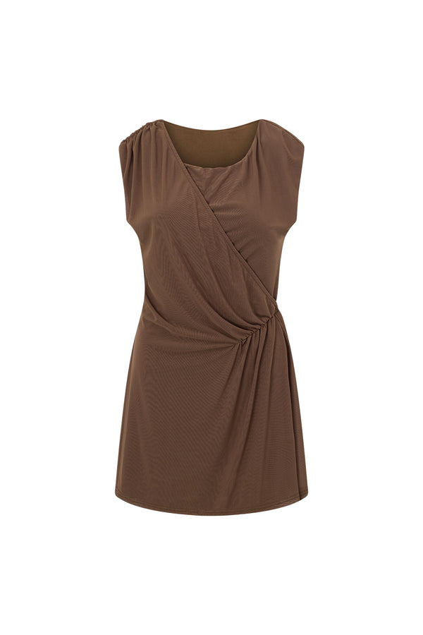 Brown Gathered Mini Dally Dress