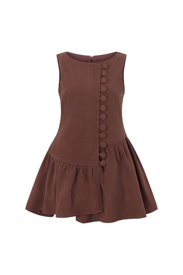 Alfresco Button Flounce Mini Dress - Chocolate