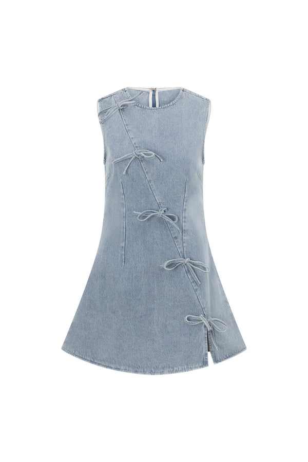 Blue Denim A-Line Bow Mini Kapri Dress