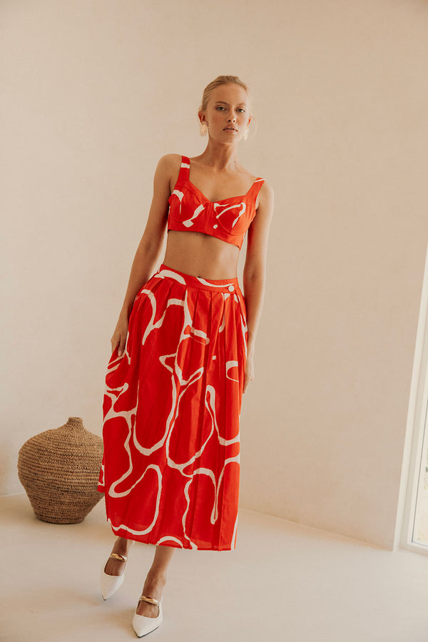 Evoke Red Wrap Pleated Split Midi Dien Wrap Skirt