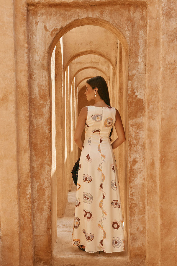 Cream Matia Print V Neck Maxi Serene Dress