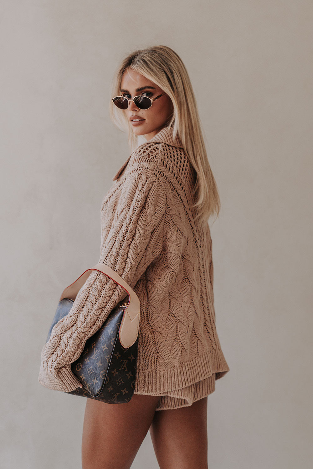 Tan Knit Elastic High Waist Addison Shorts