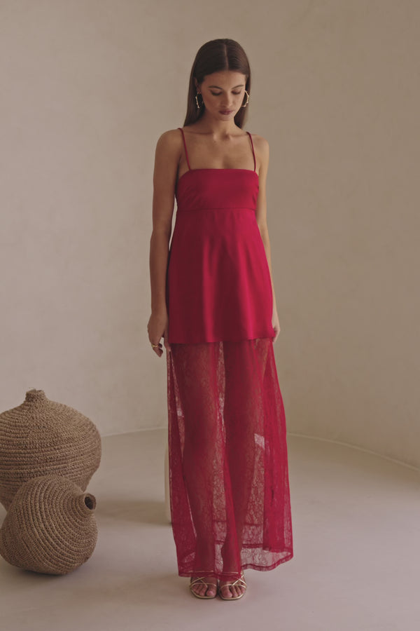 Red Silky Lace Strappy Maxi Dove Dress