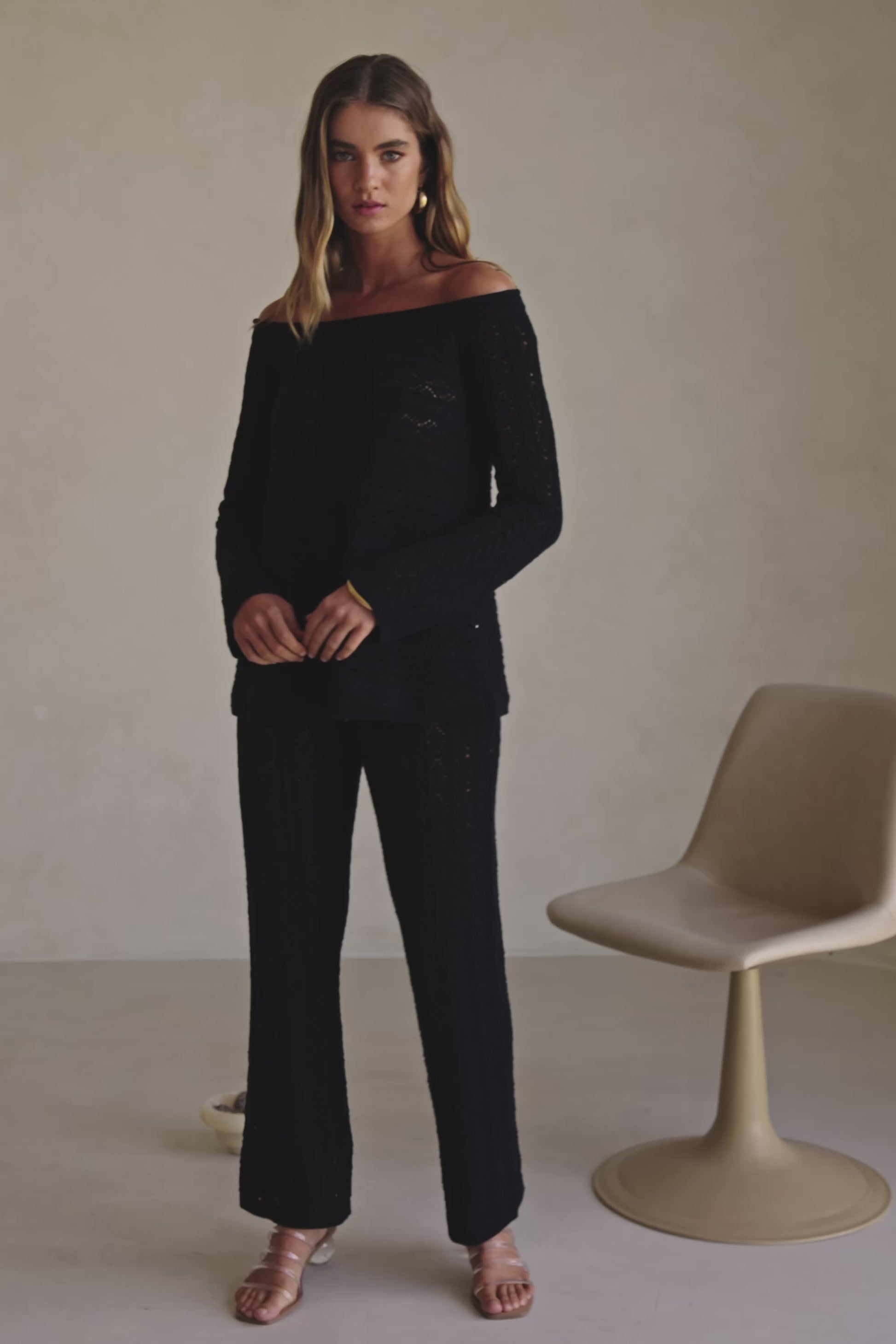 Black Crochet Knit High Waist Cierra Pants