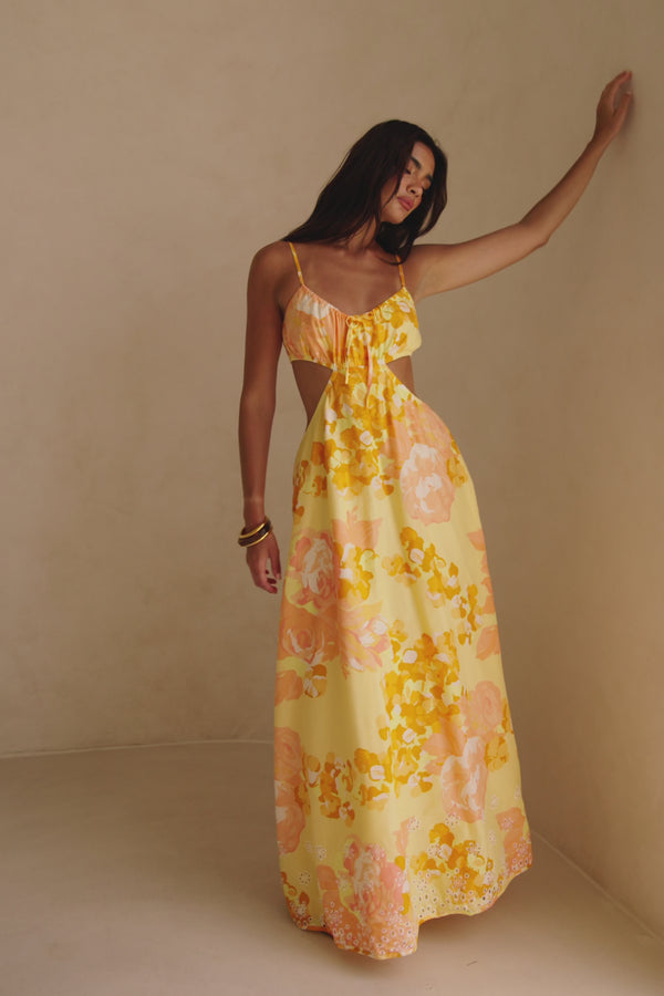 Yellow Breeze Floral Print Strappy Maxi Kaira Dress