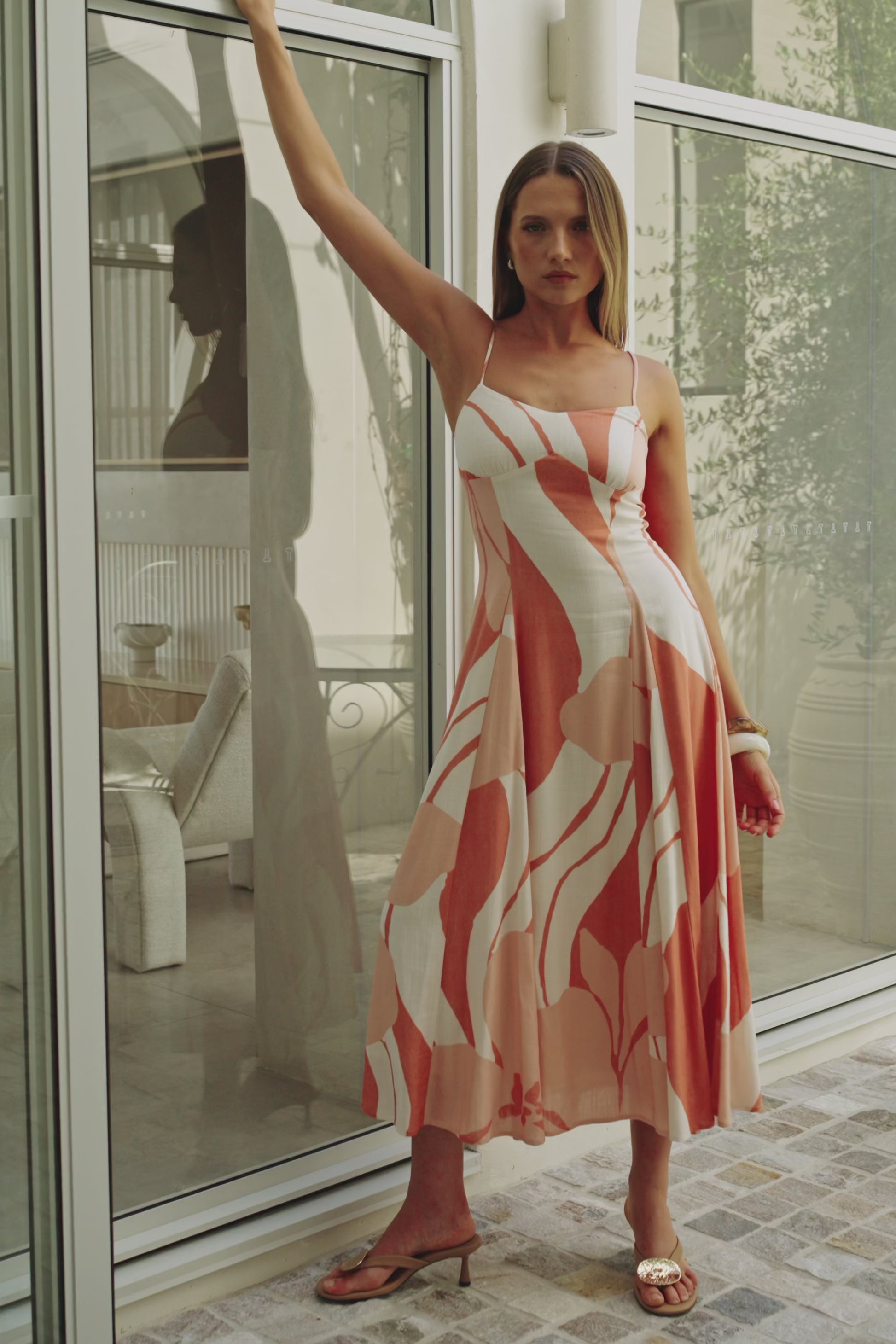 Peach Solanto Print Strappy Maxi Seme Dress