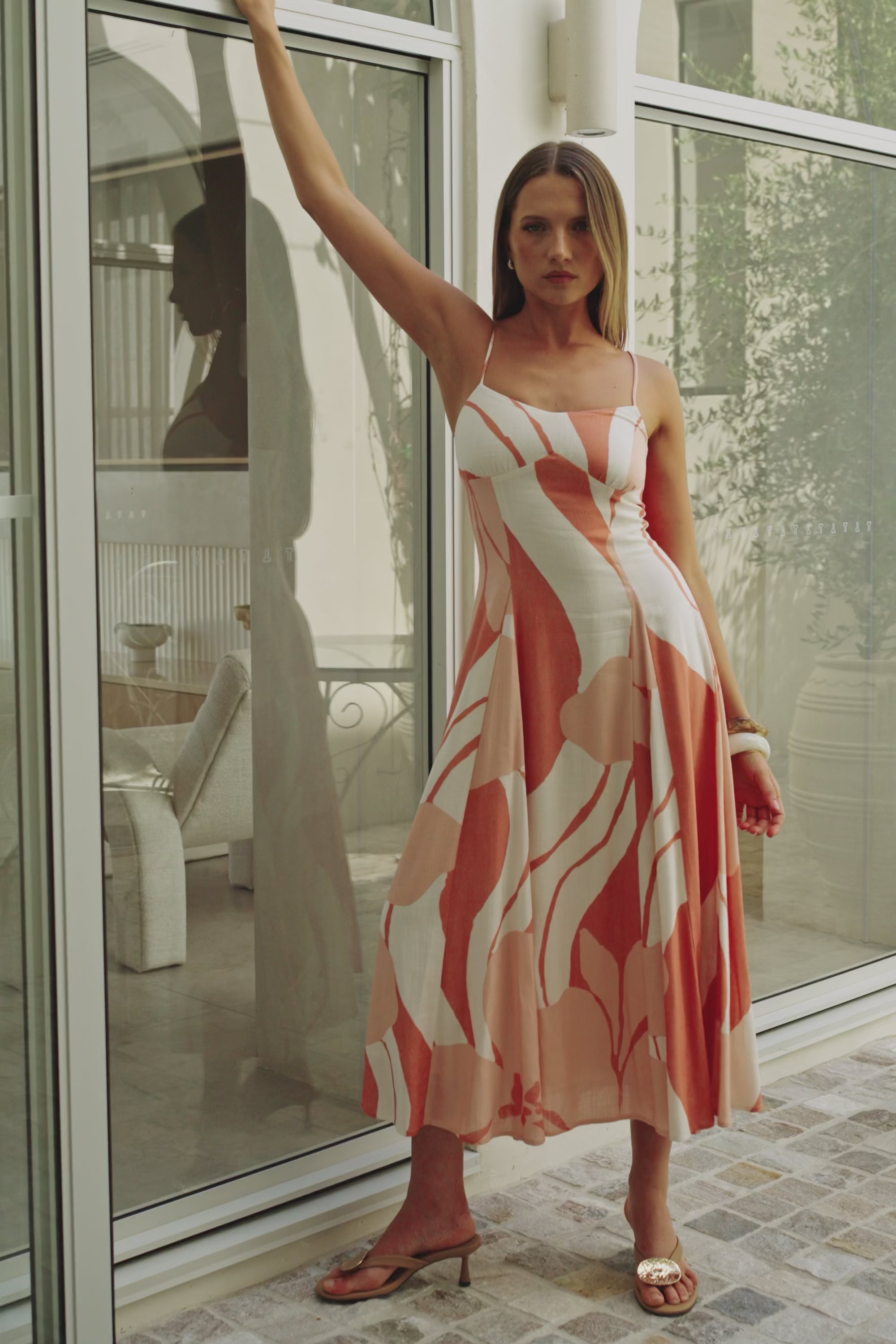 Peach Solanto Print Strappy Maxi Seme Dress