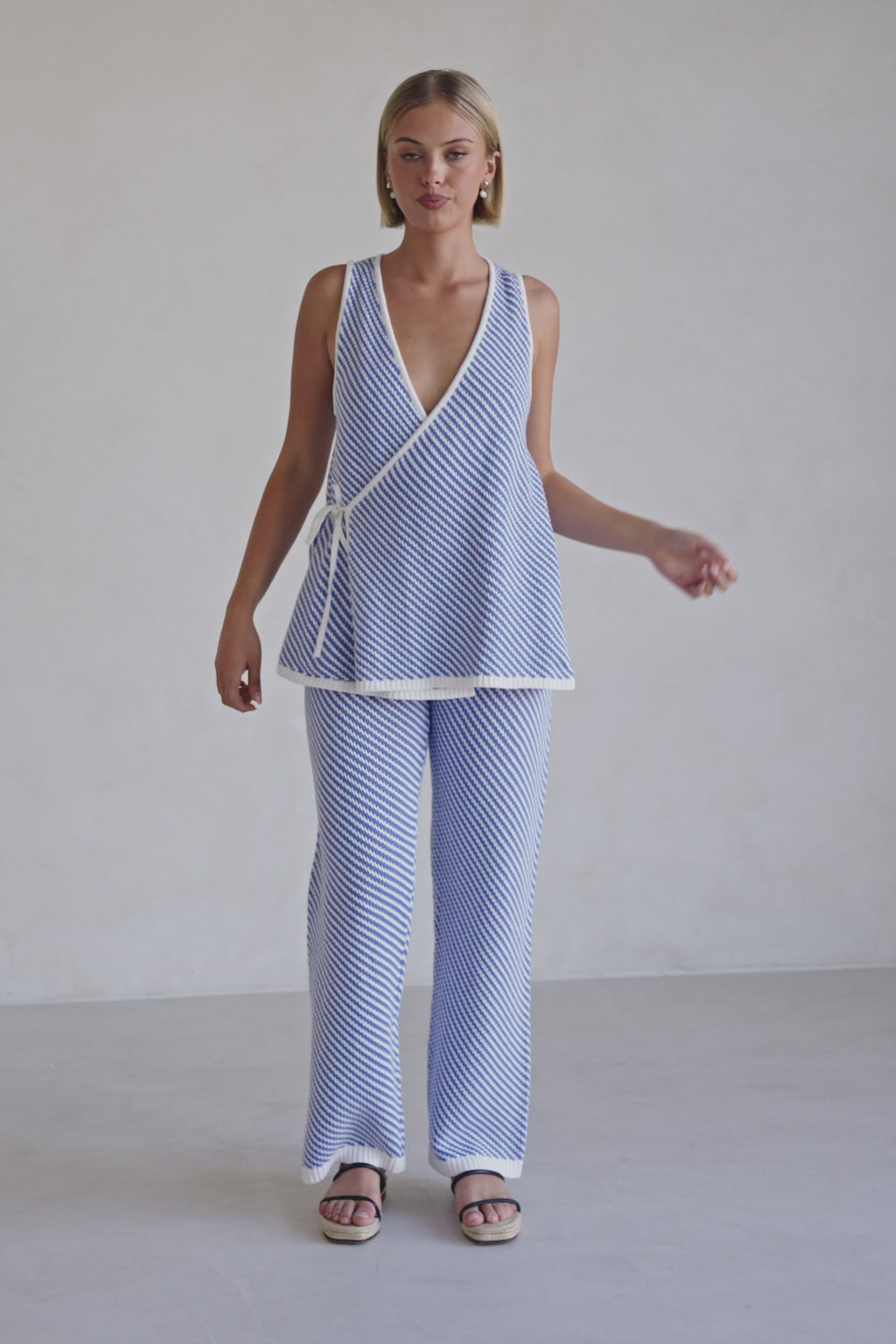 Blue and White Stripe Woven Wide Leg Billy Pants