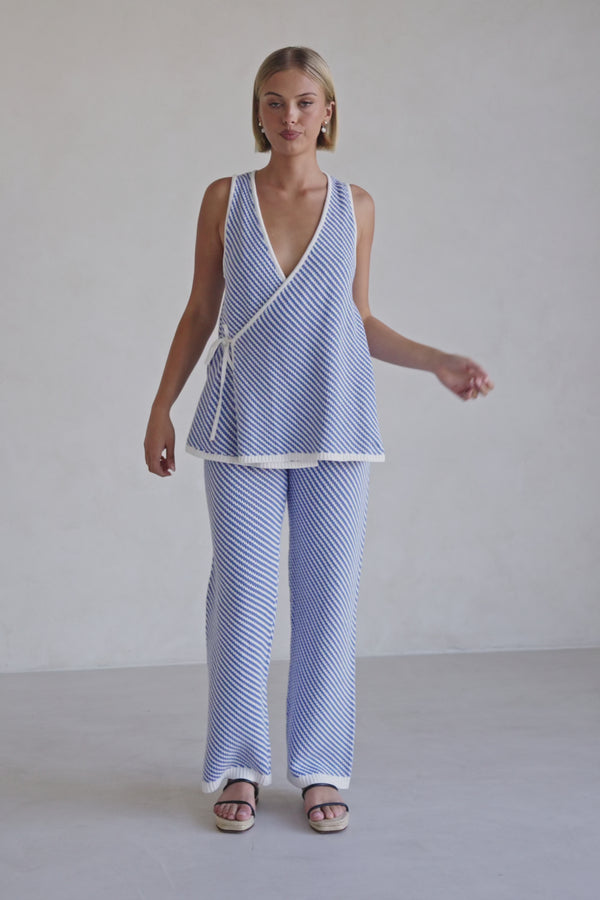 Blue and White Stripe Woven Wide Leg Billy Pants
