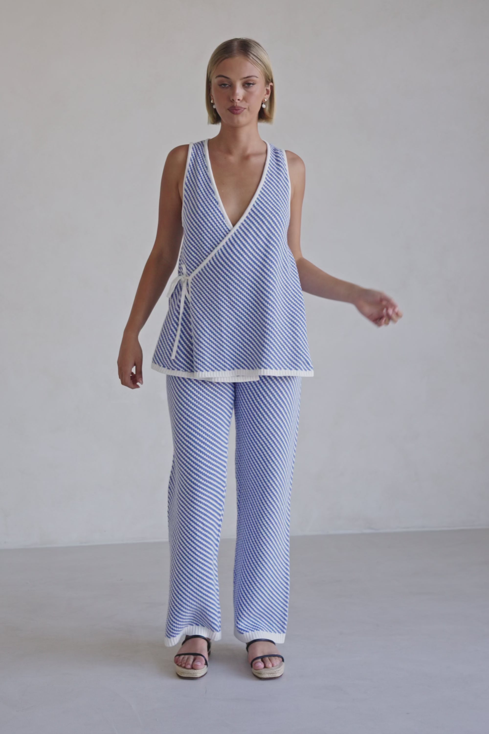 Blue and White Stripe Woven Wide Leg Billy Pants