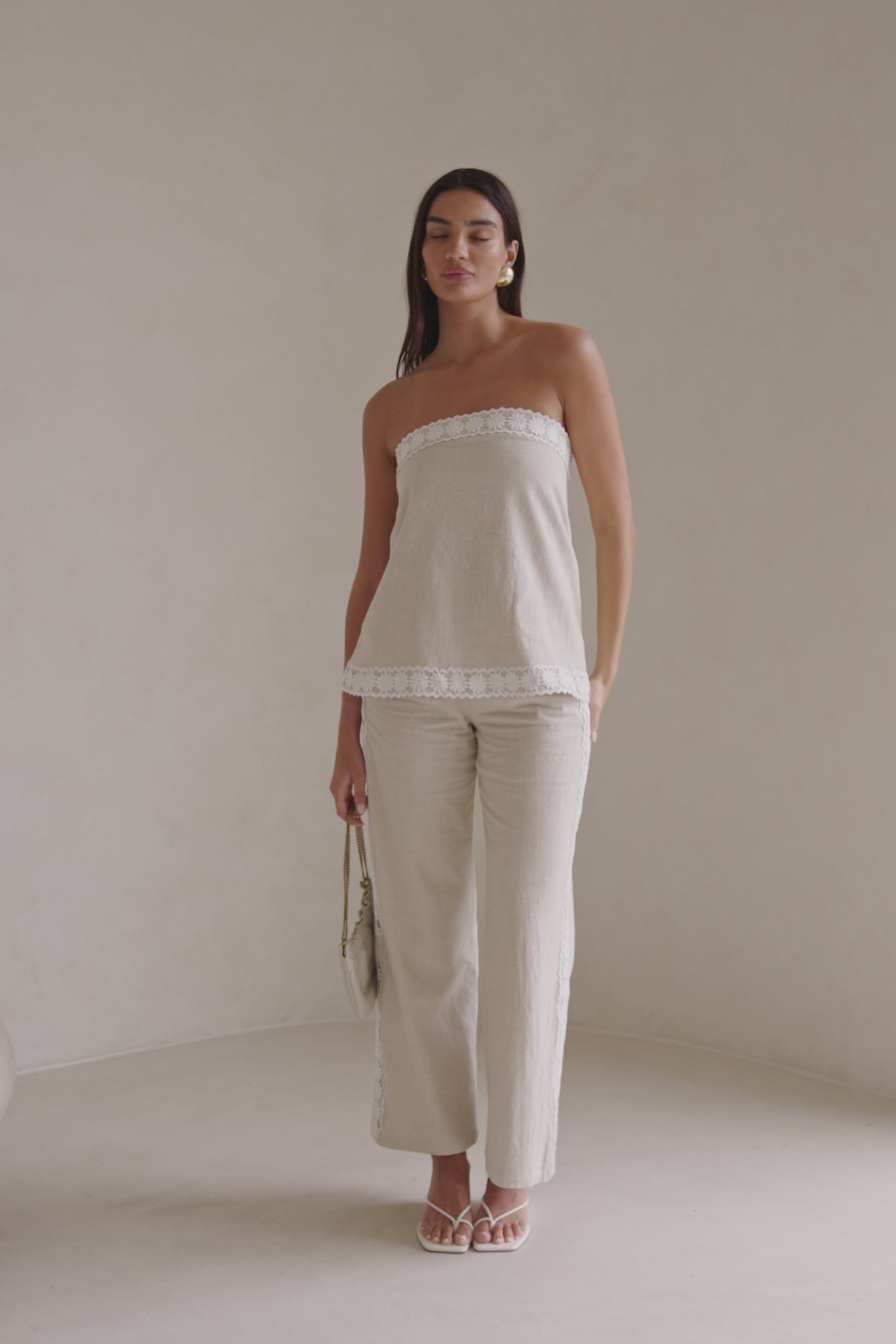 Beige Vintage Lace Detail Strapless Millie Top