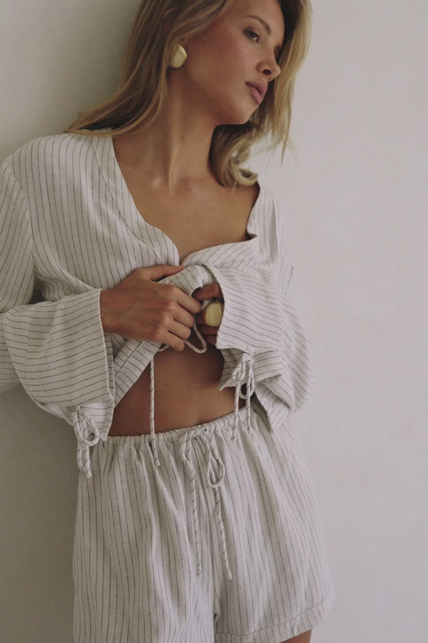 Beige and Black Pintstripe Tie Lyla Shorts