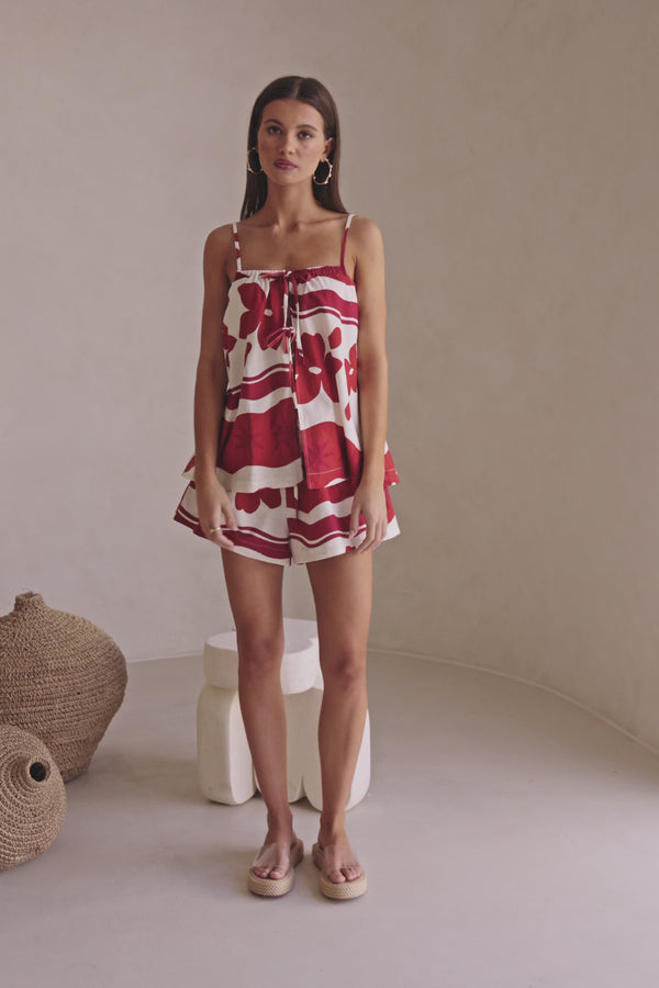 Red Sienna Sunset Print Split Flouncy Zuma Top