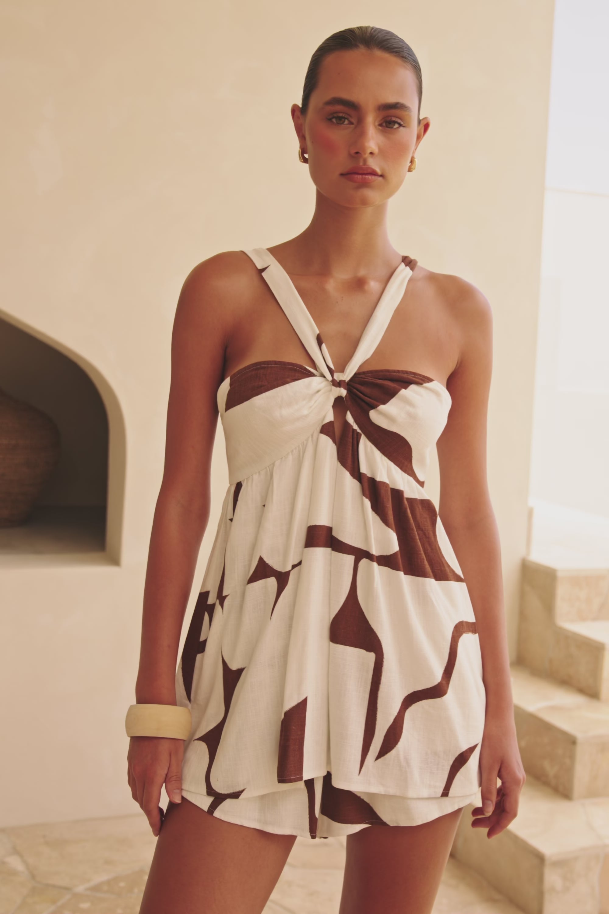 Jada Cutout Halterneck Playsuit - Brown, White Sunroom Chocolate Print, Objects