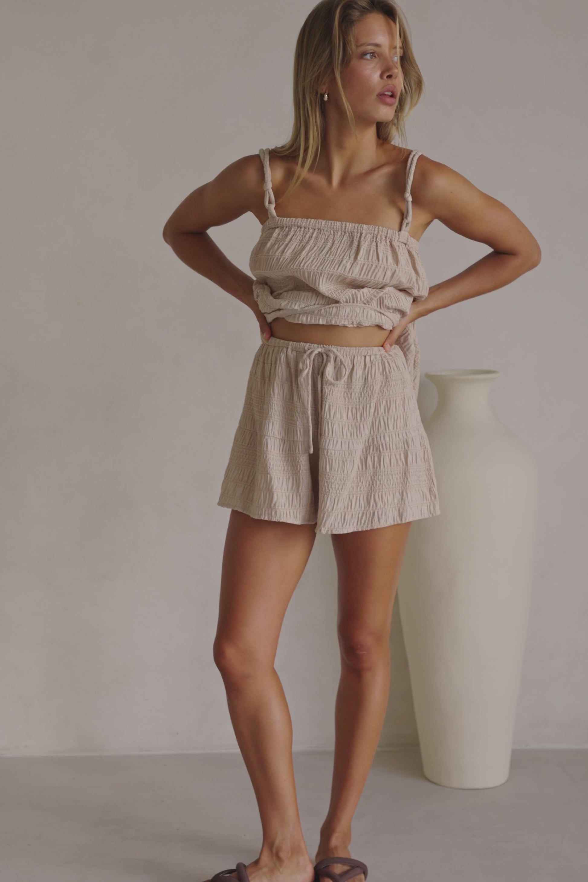 Beige Ruched Elastic Drawstring Amina Shorts