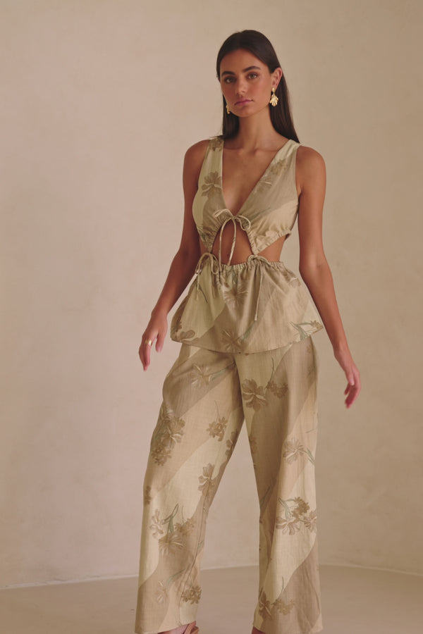  Esmae Tropical Cutout Tie Jumpsuit - Brown, Green Tawny Bloom Print