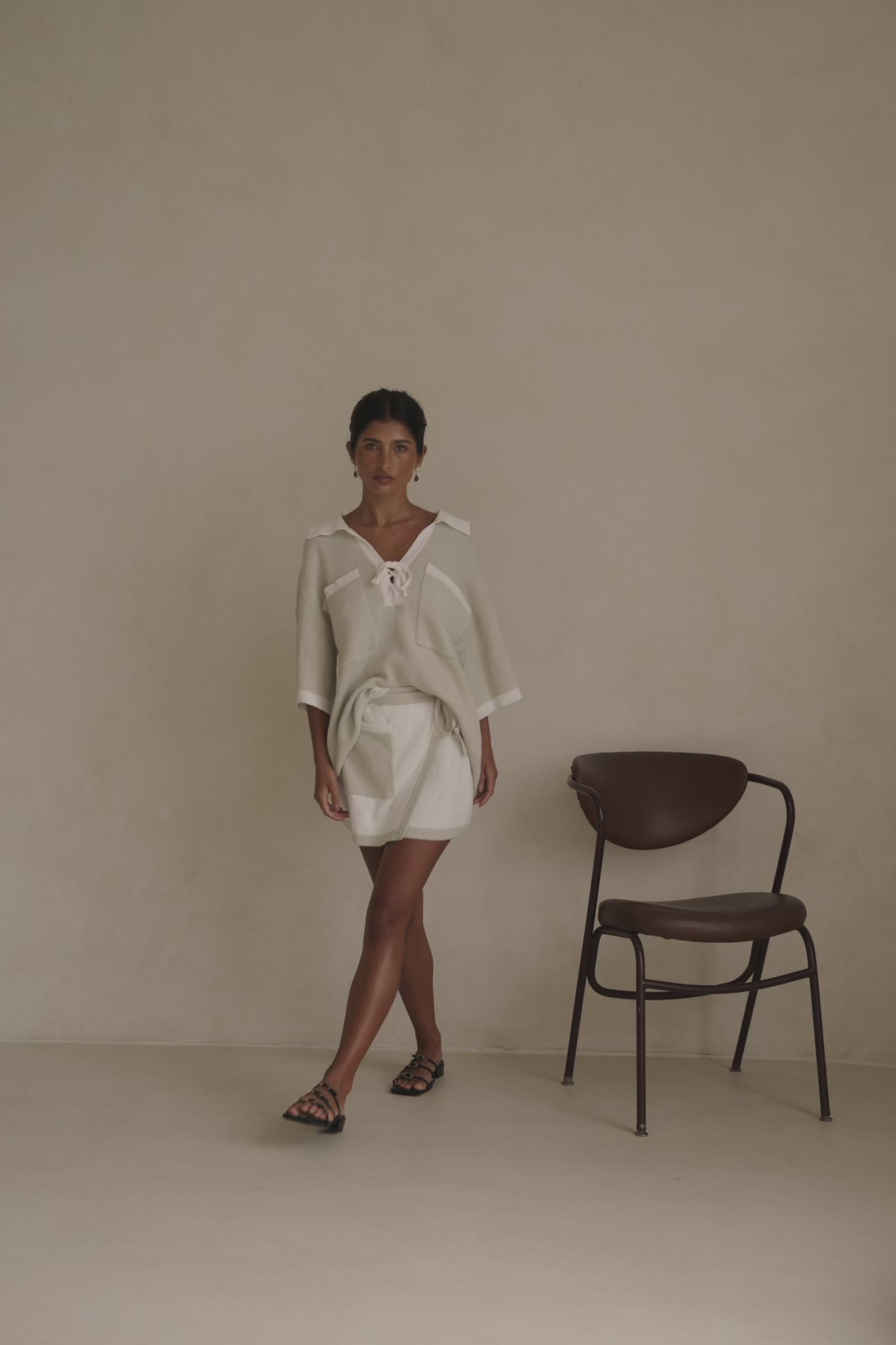 Beige Short sleeve Collar Tie Jess Top