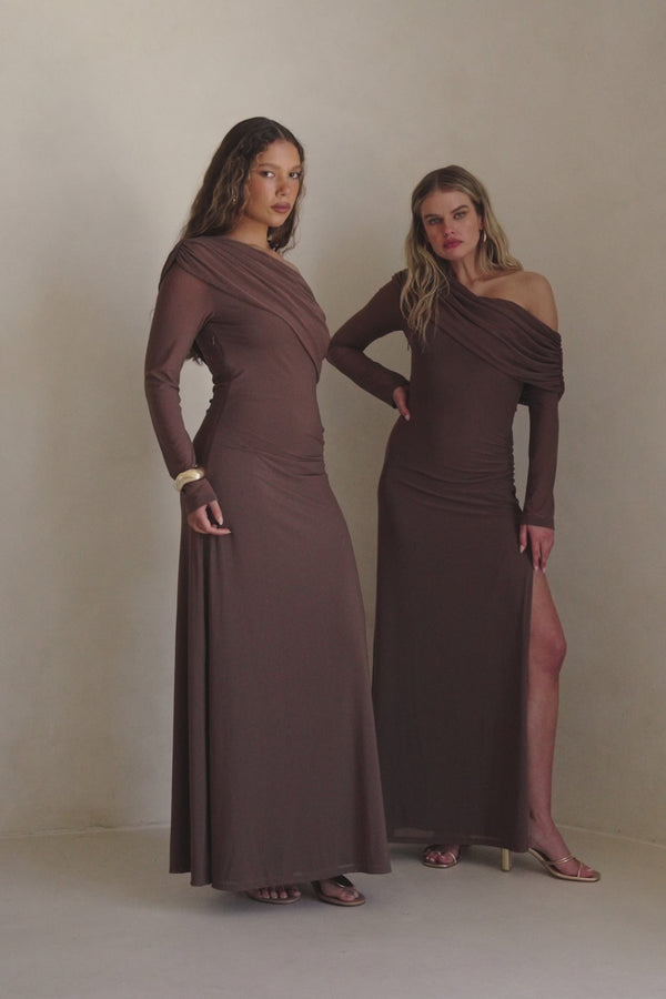Chocolate Brown One Shoulder Long Sleeve Maxi Tasmin Dress