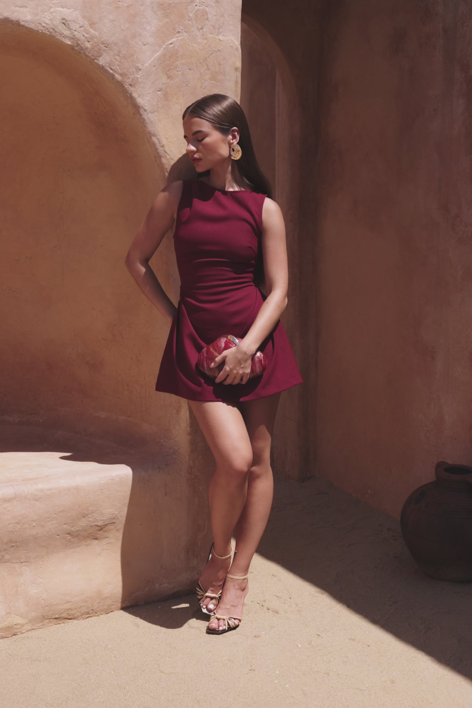 Burgundy Red Flared Mini Camellia Dress