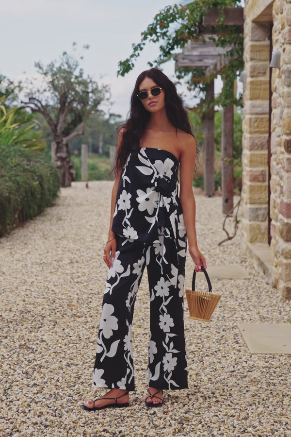 Black Alma Caroline Floral Print Strapless Heidi Jumpsuit