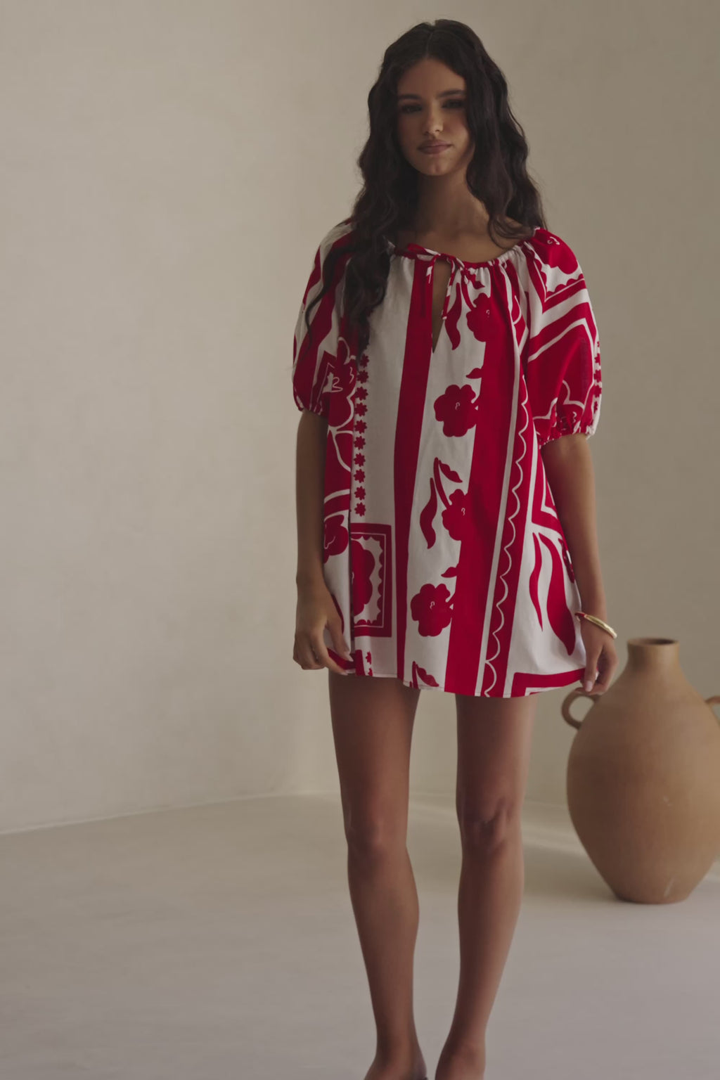 Red Voyage Print Drawstring Mini Kit Shirt Dress