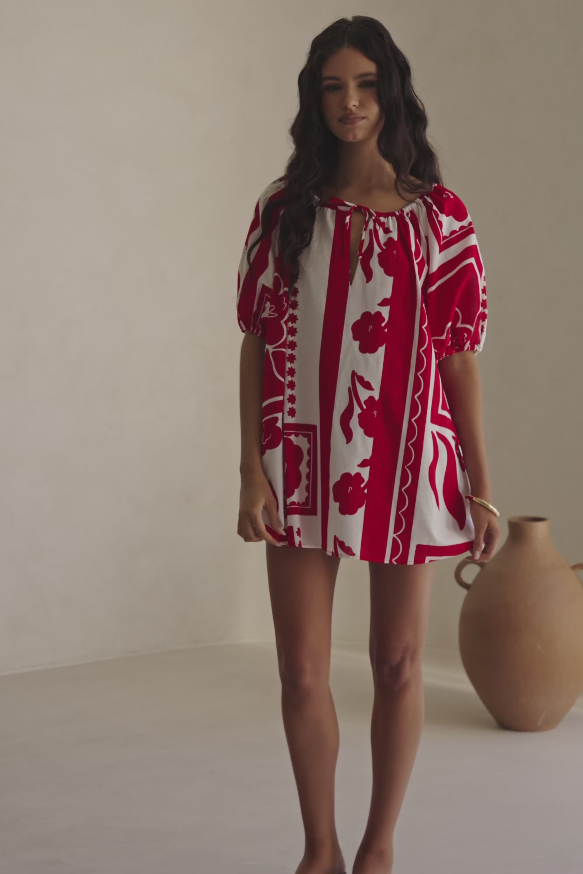 Red Voyage Print Drawstring Mini Kit Shirt Dress