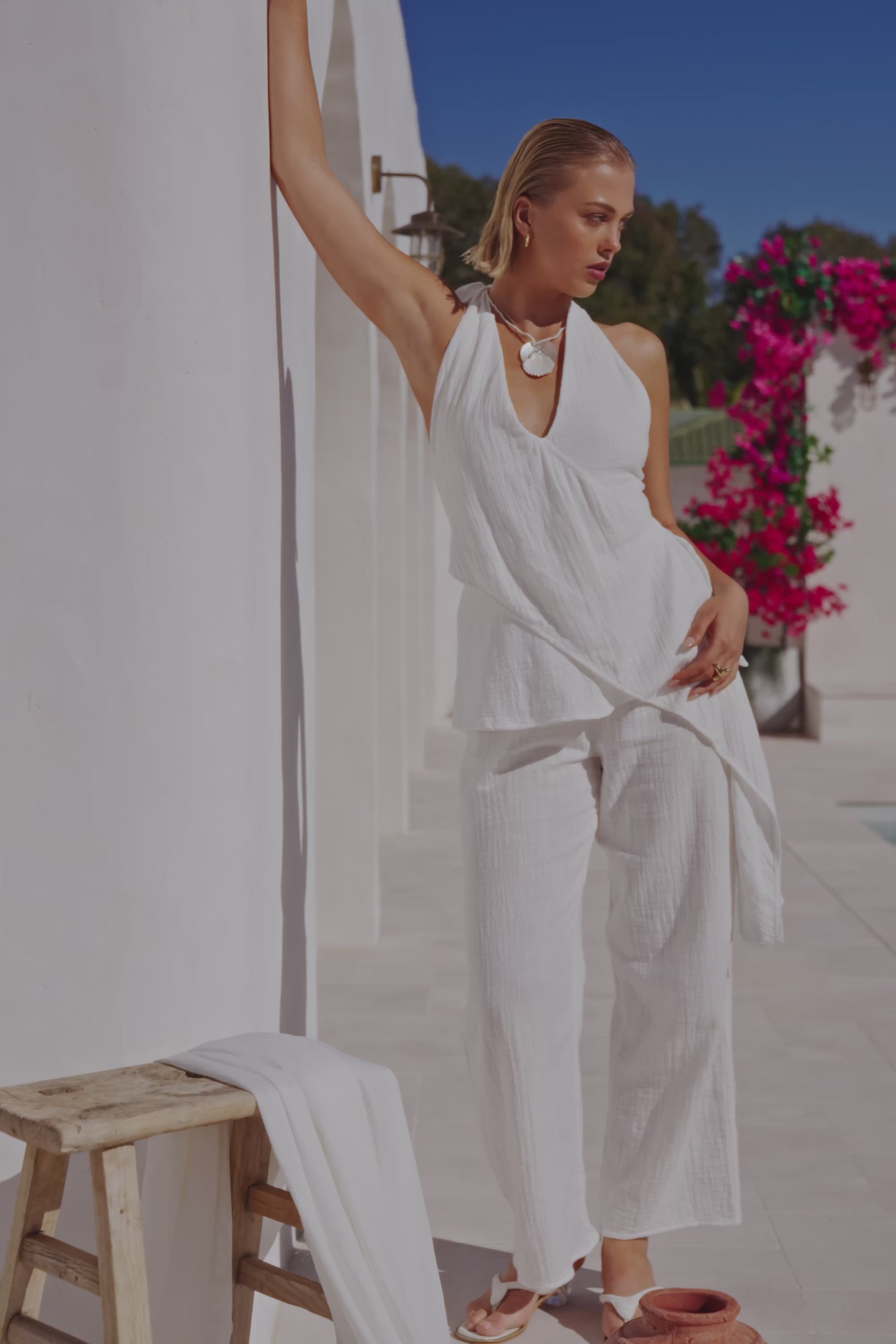 White Cotton V Neck Halter Arlet Jumpsuit