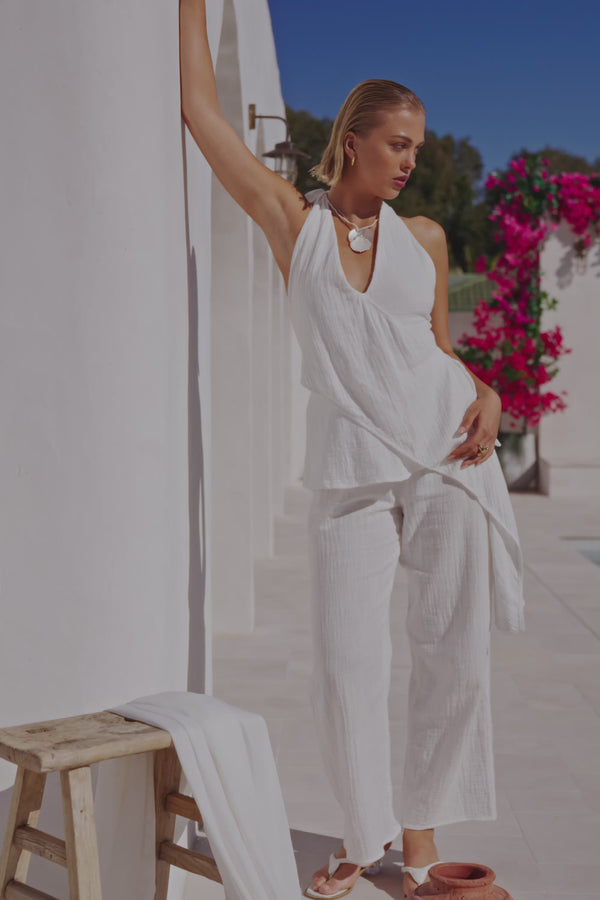 White Cotton V Neck Halter Arlet Jumpsuit