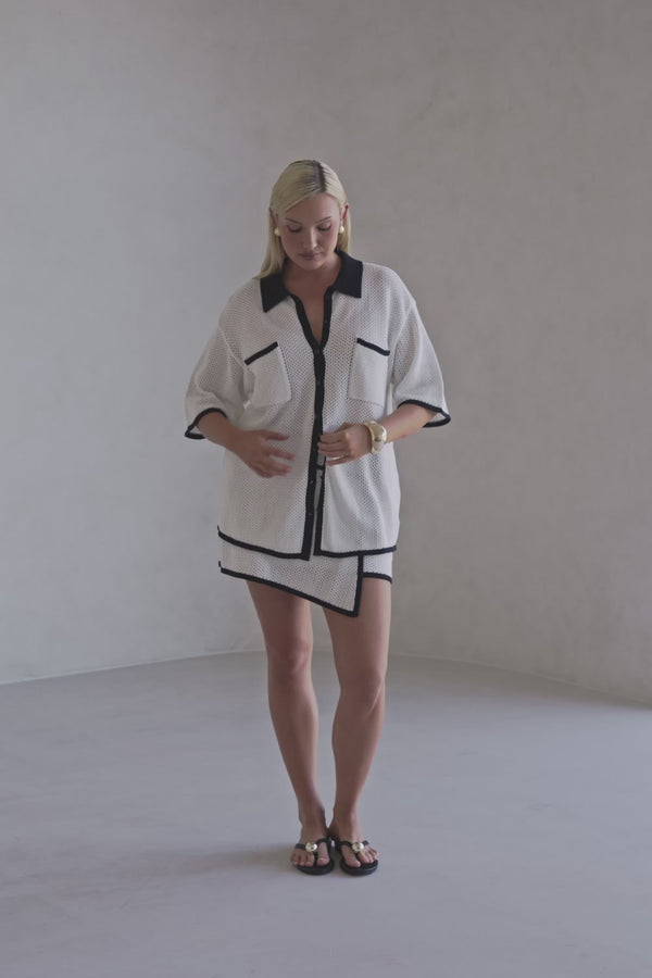 White Crochet Knit Button Up Short Sleeve Shiloh Top