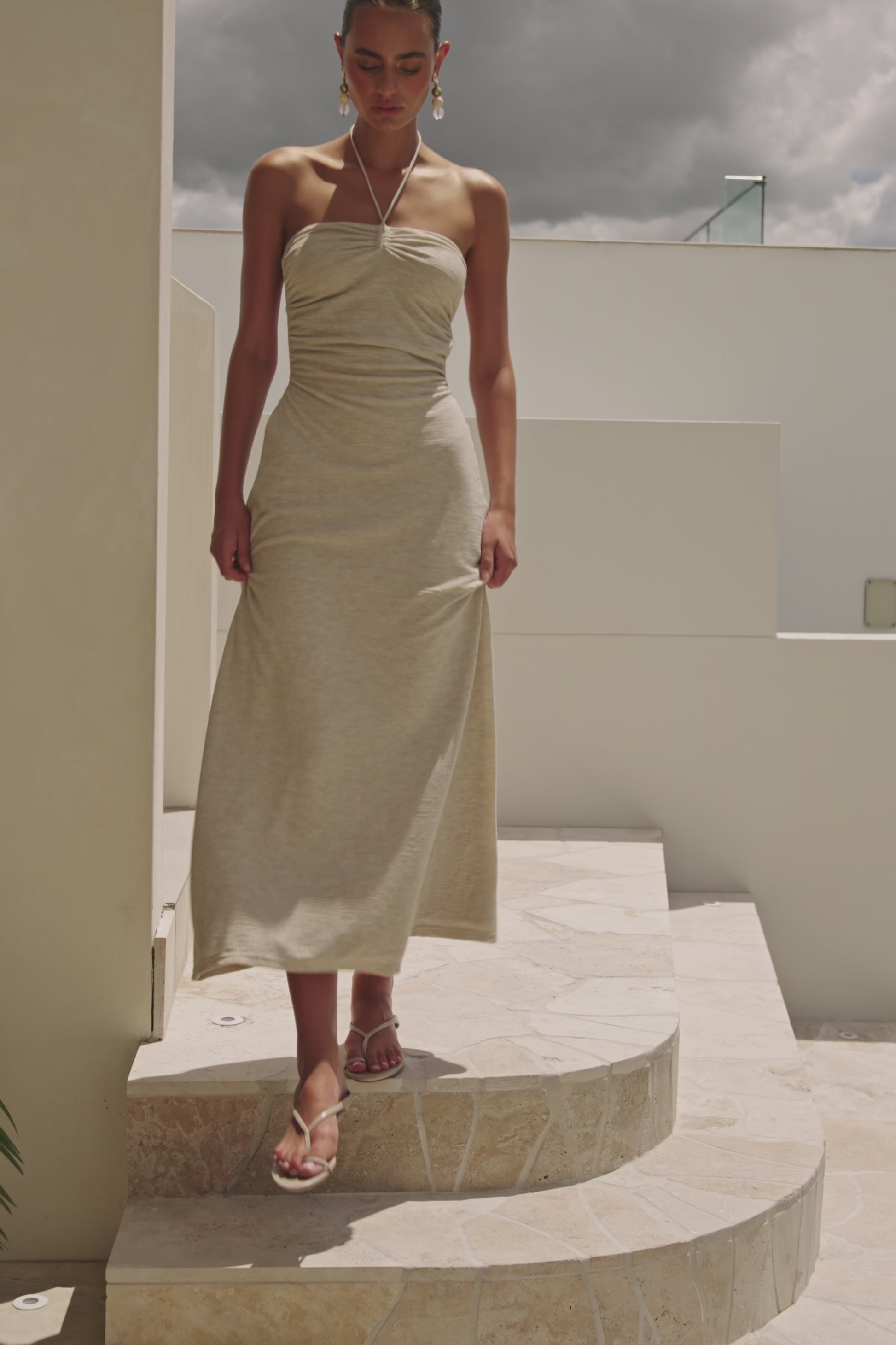 Beige Backless Halter Neck Naisha Dress