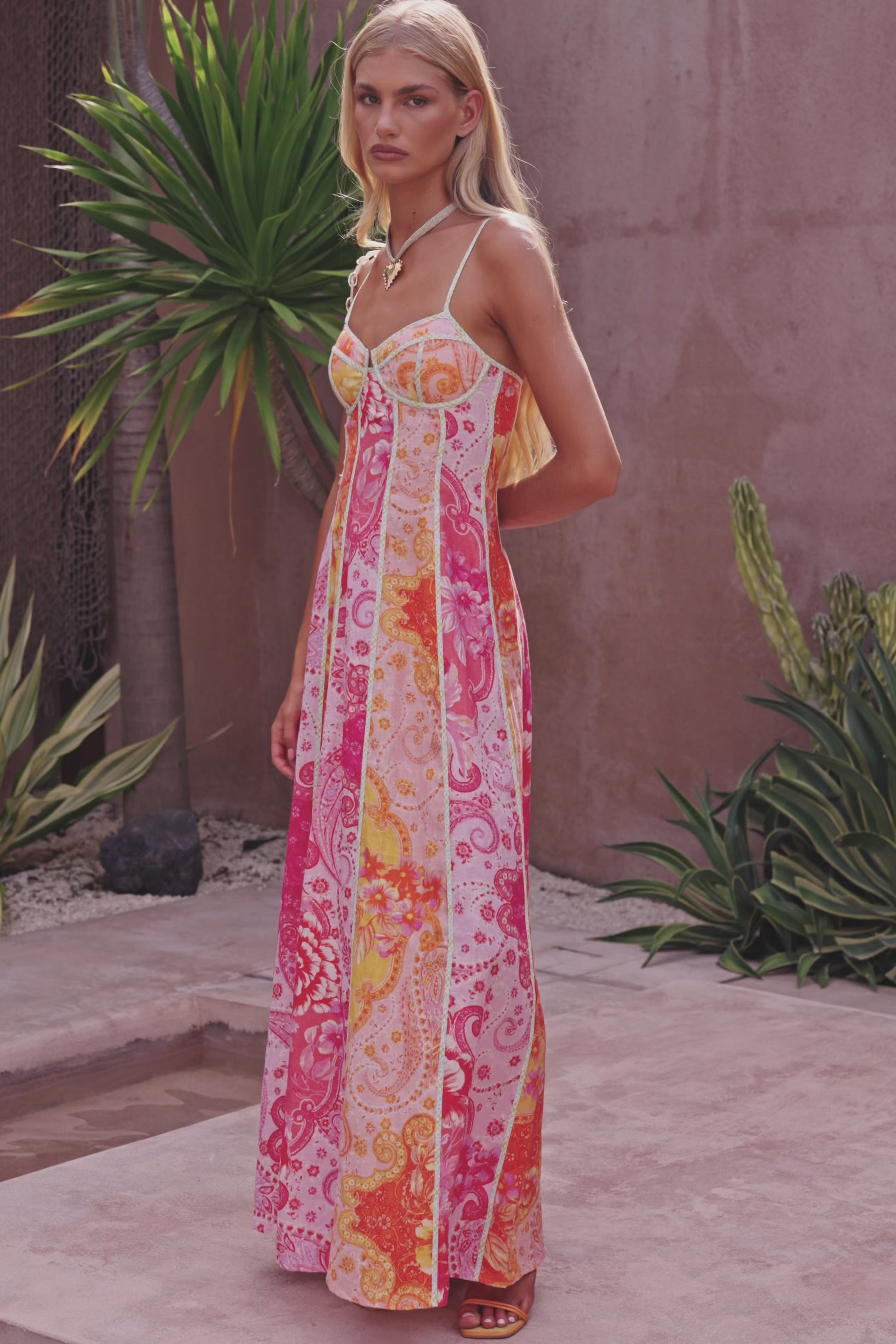 Pink Botanica De Flor Print Maxi Lune Dress