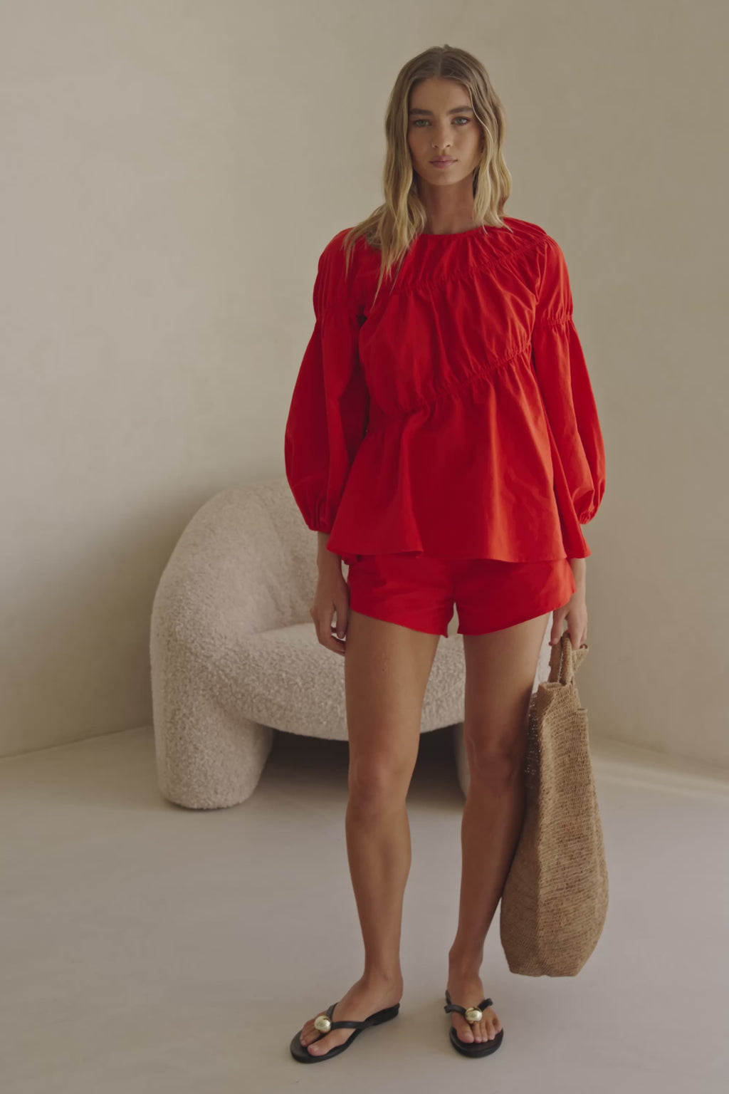 Cherry Red Long Sleeve Panelled Flounce Akel Top