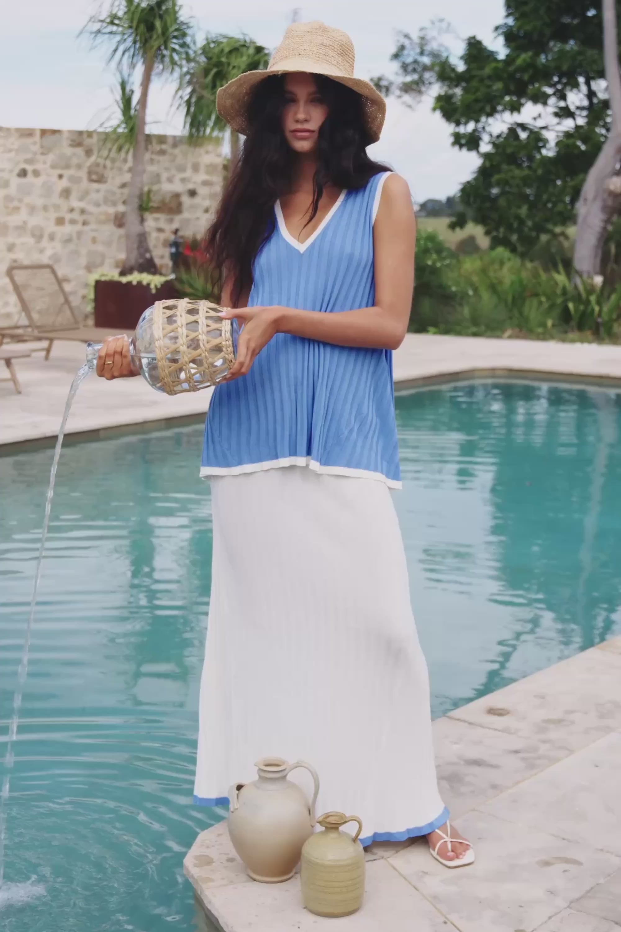 White and Blue Ribbed V Neck Silla Top