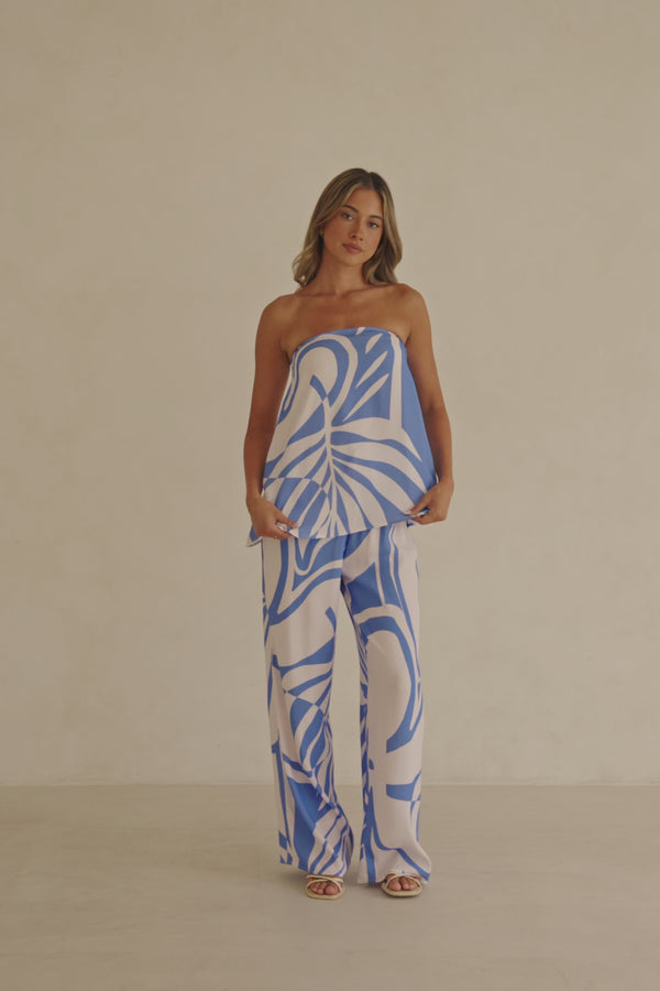 Palm Blue Print Strapless Alma Top