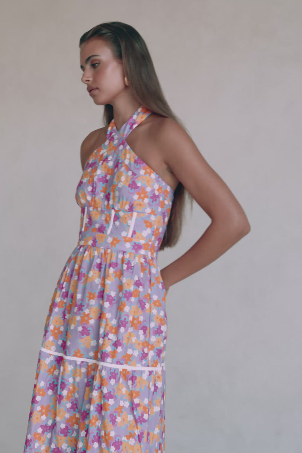 True Halterneck Maxi Dress -  Dulcie Daisy Purple Orange Pink Floral