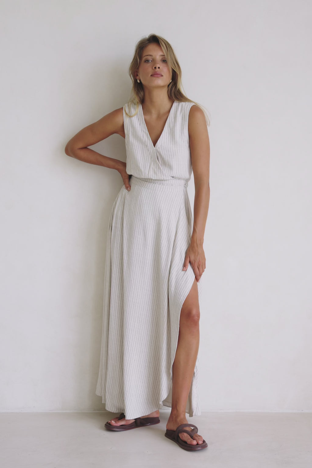 Beige and Black Pinstripe V Neck Maxi Cipriana Dress