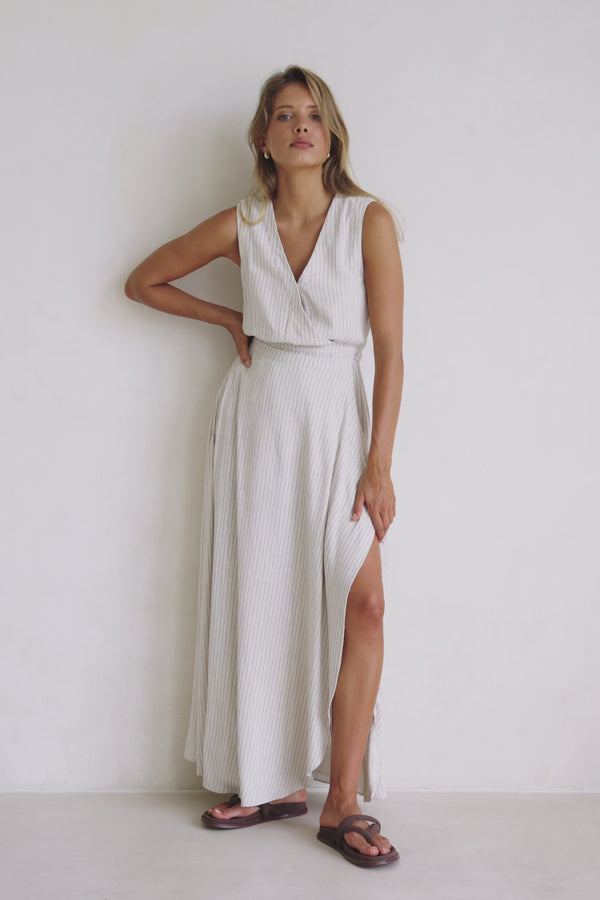 Beige and Black Pinstripe V Neck Maxi Cipriana Dress