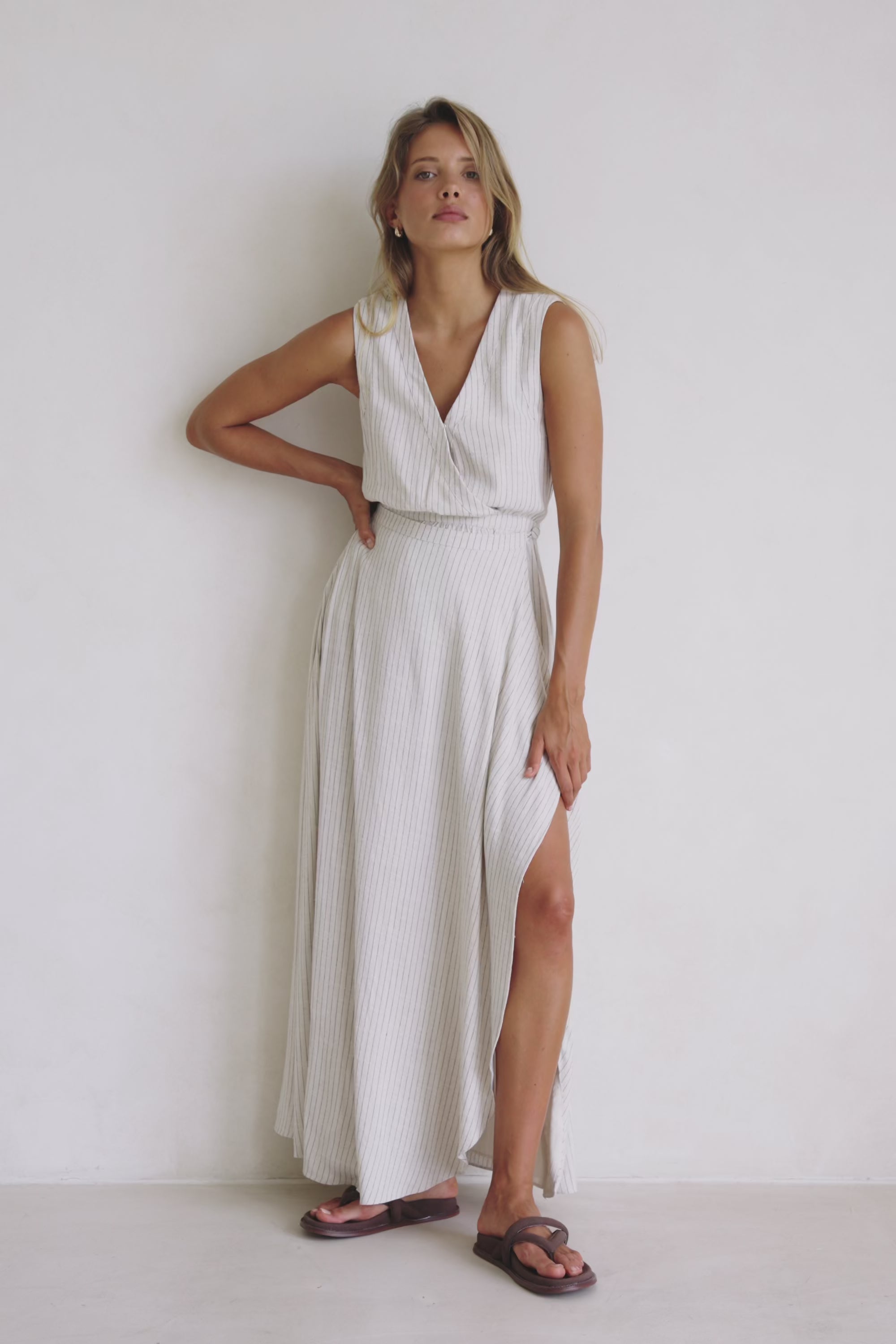 Beige and Black Pinstripe V Neck Maxi Cipriana Dress