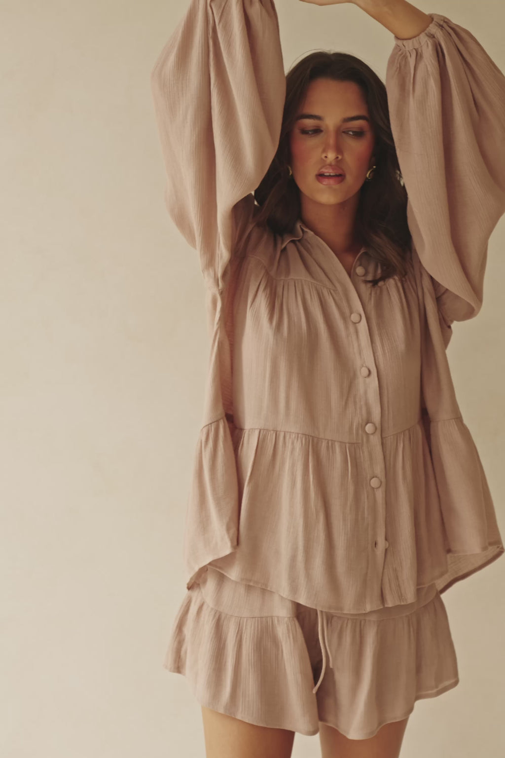 Huxley Panelled Button Up Collared Long Sleeve Top - Brown