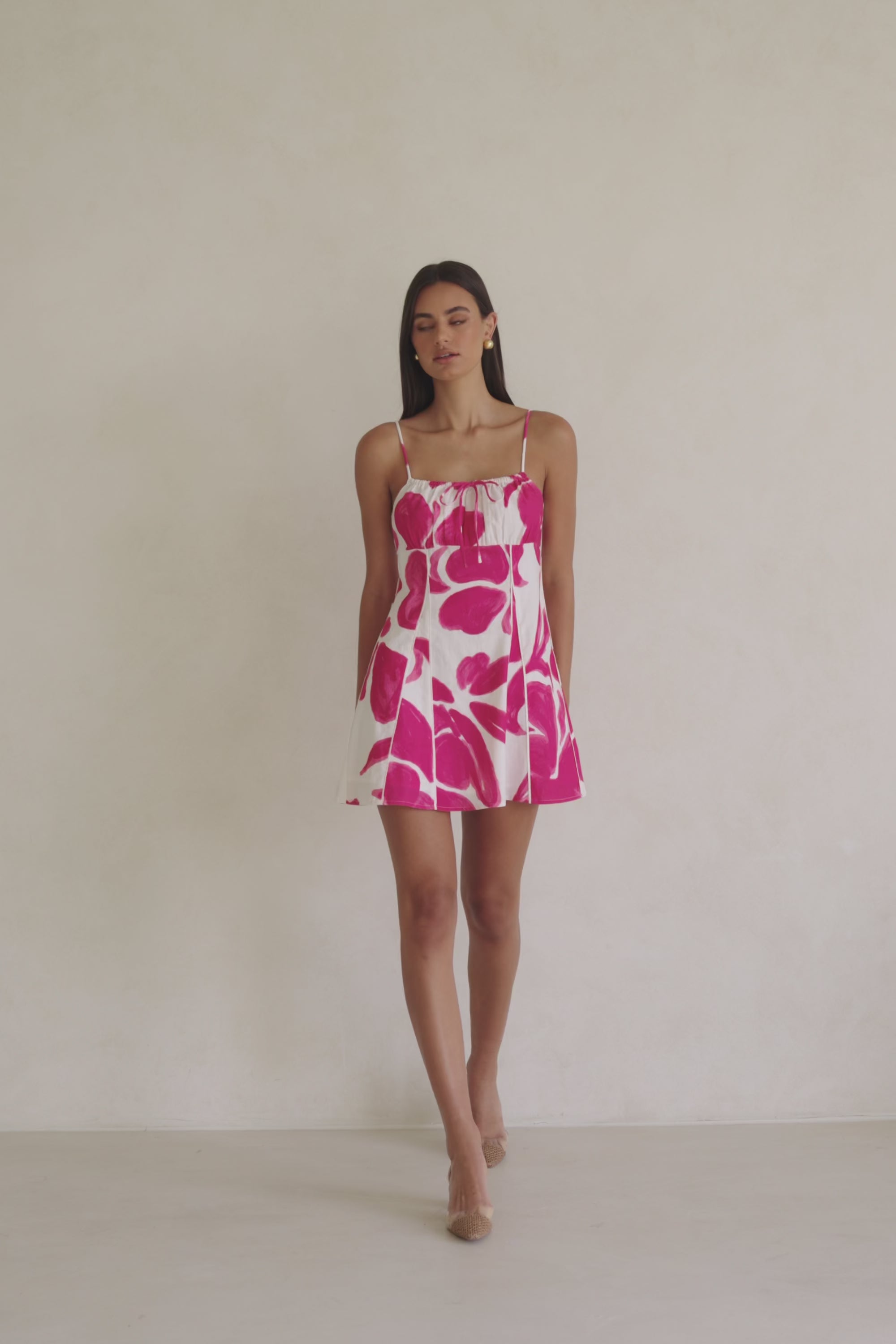 Tiana Thin Strap Mini Dress - Pink, White Ada Floral Print