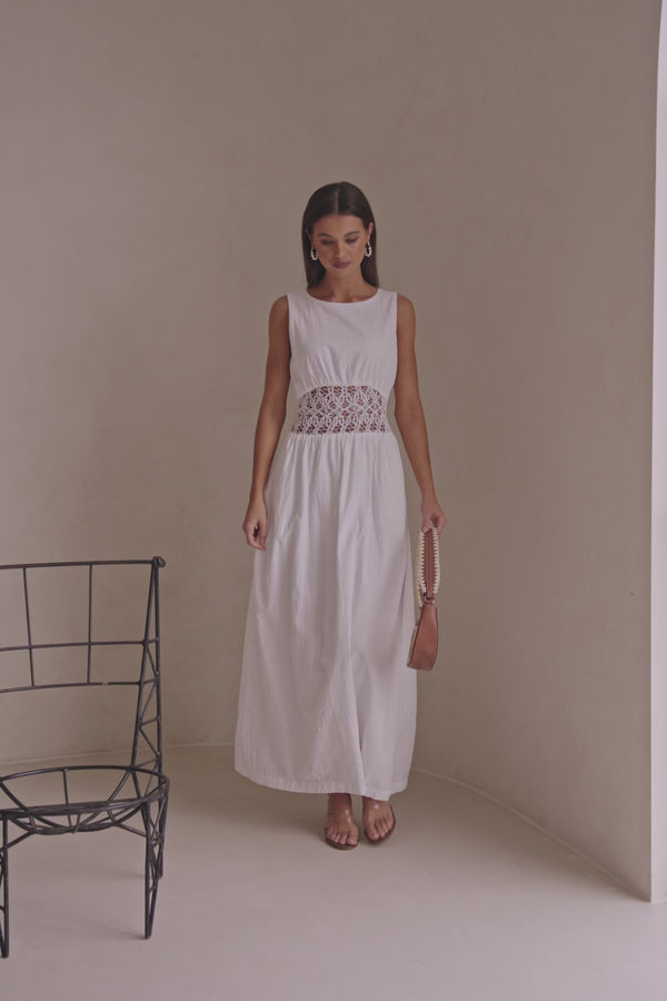 White Cotton Lace Gathered Maxi Cora Dress