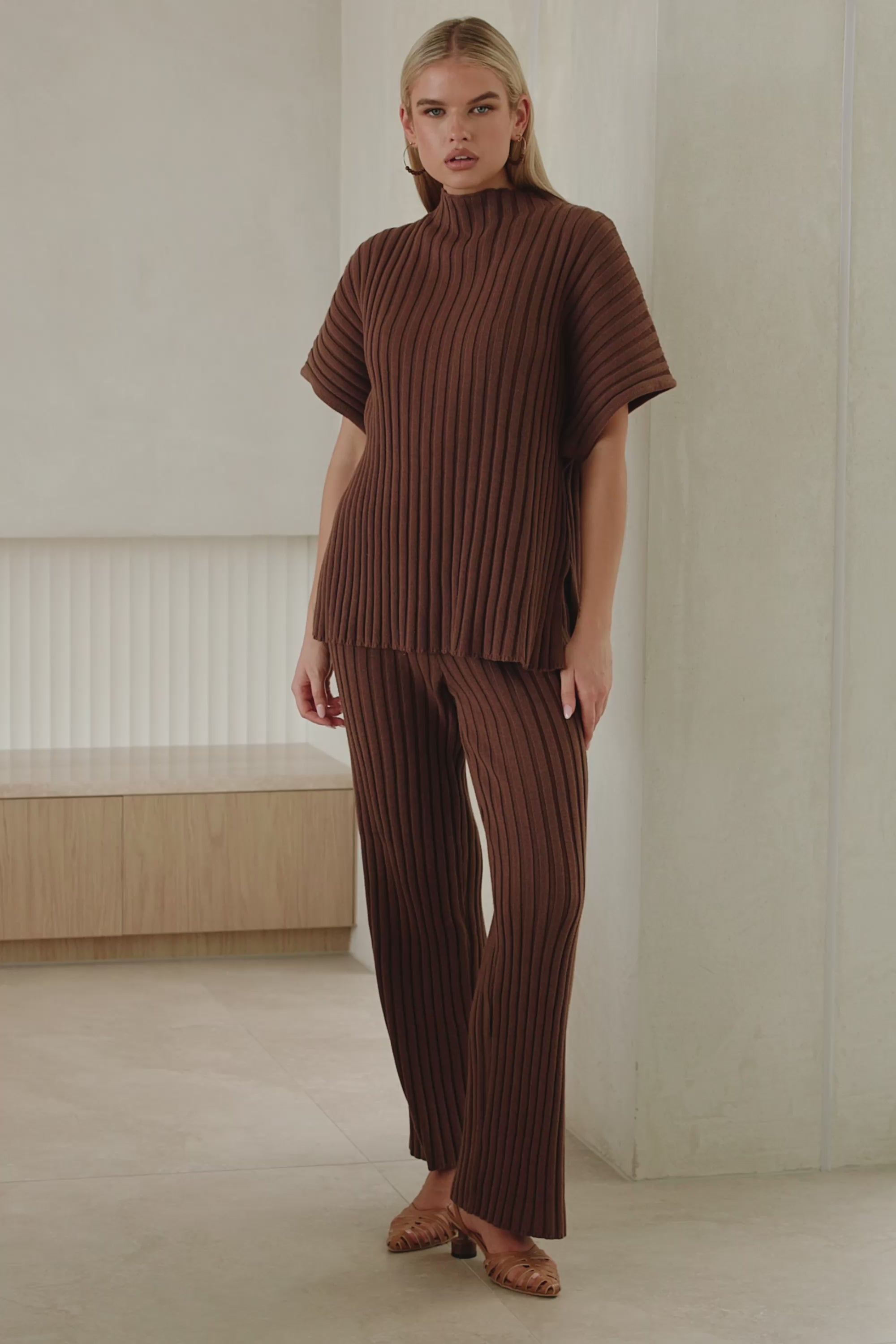 Chocolate Brown Ribbed Knit Short Sleeve Celine Top