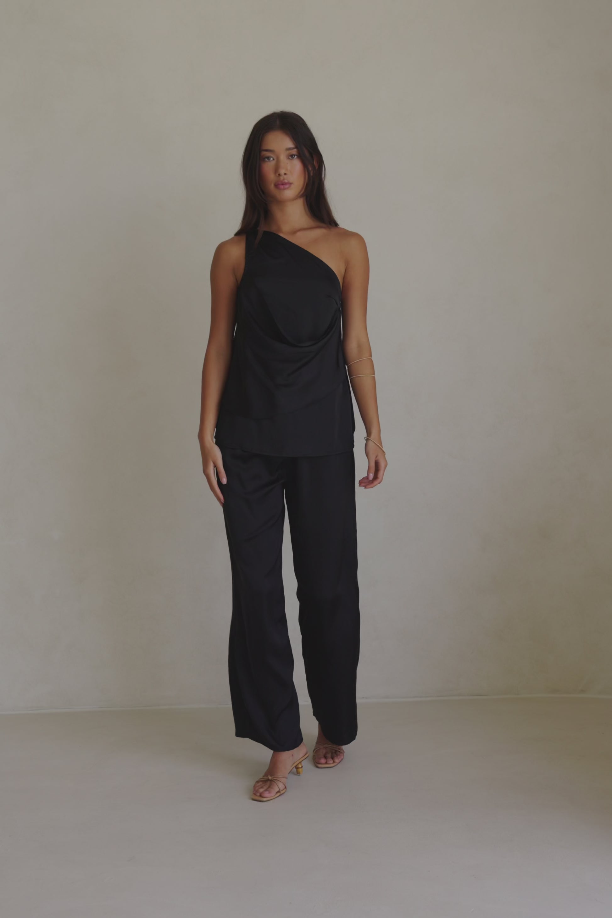 Adeline Silk One Shoulder Backless Top - Black